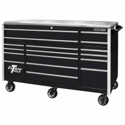 Wholesale ๐ EXQ 72 in. 17-Drawer Black Professional Triple Bank Roller Cabinet 300 lbs. Slides with Chrome Drawer Pulls by Extreme Tools โ