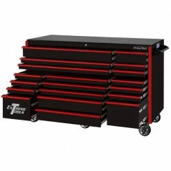 Hot Sale ✨ RX Series 72 in. 19 -Drawer Roller Cabinet Tool Chest in Black with Red Handles by Extreme Tools ⭐ -Sunex Tools Sales black high gloss powder coat finish with red anodized drawer pulls extreme tools tool cabinets rx722519rcbkrd x c3 1000
