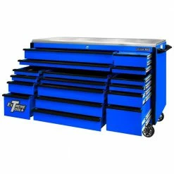 New ✔️ EXQ 72 in. 17-Drawer Blue Professional Triple Bank Roller Cabinet Tool Chest with Black Drawer Pulls by Extreme Tools 🎁 -Sunex Tools Sales blue gloss powder coat finish with black anodized drawer pulls extreme tools tool cabinets ex7217rcqblbk c3 1000