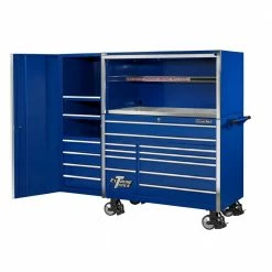 Hot Sale 🔥 55 in. Power Workstation Professional Hutch with Stainless Steel Shelf and Work Surface in Blue by Extreme Tools 🎉 -Sunex Tools Sales blue gloss powder coat finish with chrome handles extreme tools top tool chests ex5501hcbl 31 1000