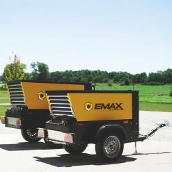 Promo 🔔 185 CFM 125 PSI Portable Diesel Driven Trailer Mounted Rotary Screw Air Compressor with 49 HP Kubota Diesel Engine by EMAX 🛒 -Sunex Tools Sales emax portable air compressors eds185tr c3 1000