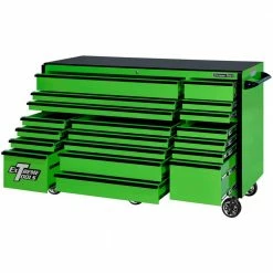 Cheapest ✨ 72 in. 19-Drawer Roller Cabinet Tool Chest in Green with Black Drawer Pulls by Extreme Tools 🤩 -Sunex Tools Sales green gloss powder coat finish with black anodized drawer pulls extreme tools tool cabinets rx723019rcgnbk 250 c3 1000