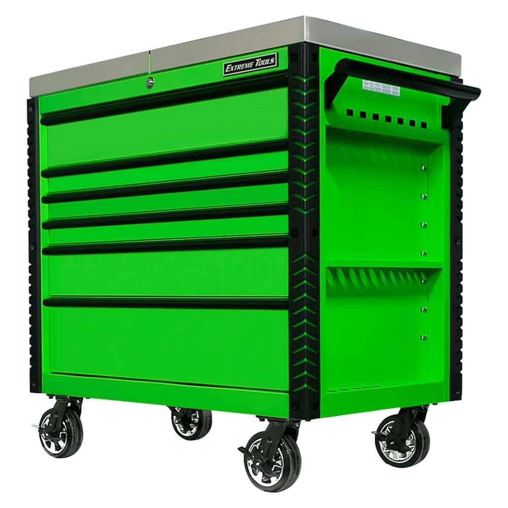 Outlet ⌛ EX Professional 41 in. 6-Drawer Tool Utility Cart with Stainless Steel Slider Top and Bumpers in Lime Green by Extreme Tools 🔥 3 Outlet ⌛ EX Professional 41 in. 6-Drawer Tool Utility Cart with Stainless Steel Slider Top and Bumpers in Lime Green by Extreme Tools 🔥