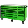 Promo ⭐ EXQ 72 in. 17-Drawer Green Professional Triple Bank Roller Cabinet 300 lbs. Slides with Black Drawer Pulls by Extreme Tools 🔥 -Sunex Tools Sales green gloss powder coat with black drawer pulls and trim extreme tools tool cabinets ex7217rcqgnbk 64 1000