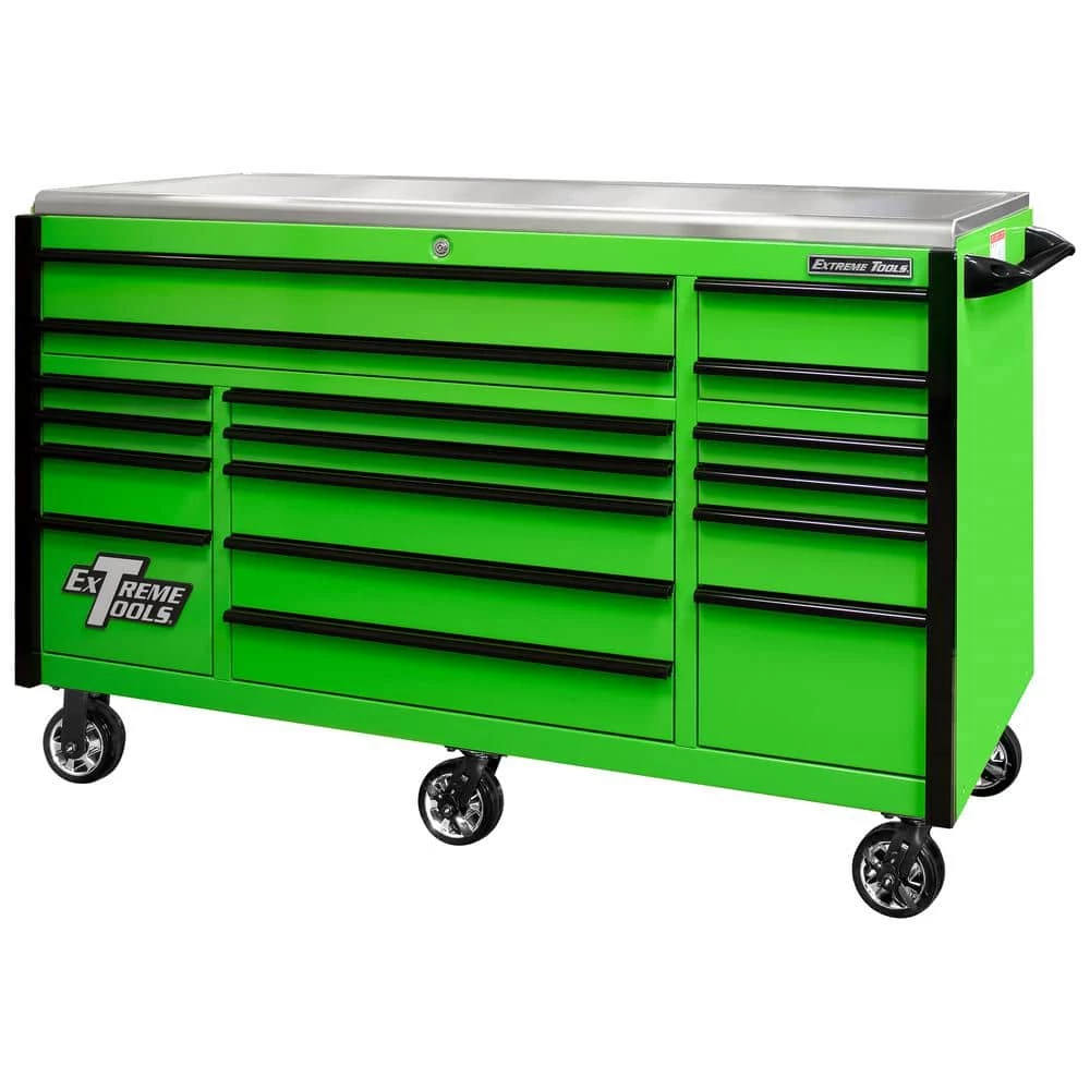 Promo โญ EXQ 72 in. 17-Drawer Green Professional Triple Bank Roller Cabinet 300 lbs. Slides with Black Drawer Pulls by Extreme Tools ๐ฅ 3 Promo โญ EXQ 72 in. 17-Drawer Green Professional Triple Bank Roller Cabinet 300 lbs. Slides with Black Drawer Pulls by Extreme Tools ๐ฅ